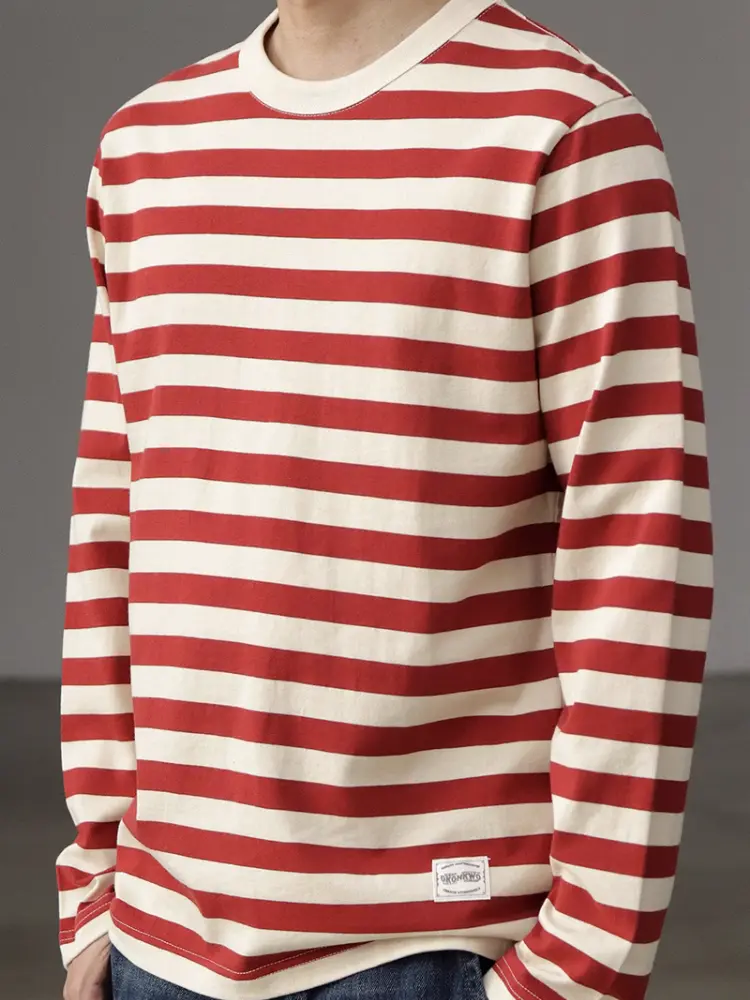 Autumn New American Retro 250g Heavyweight O-neck Striped T-shirt Men's Fashion 100% Cotton Washed Casual Loose Tough Guy Tops