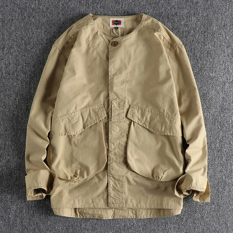 Spring New Japanese Retro Woven Cargo Shirt Men's Fashion Military Style Washed Double Pocket Collarless Thin Youth Jacket