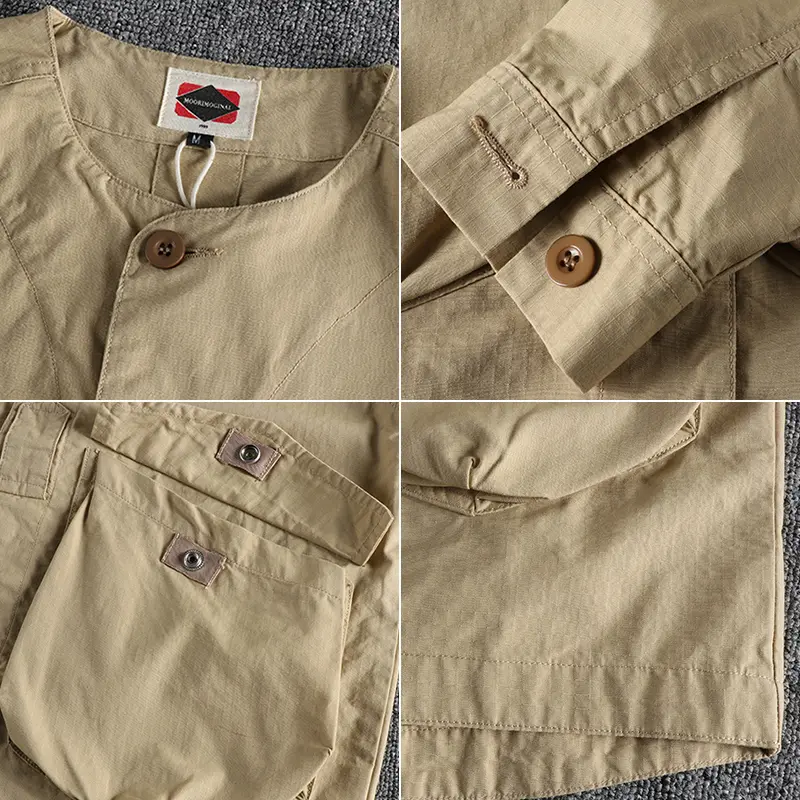 Spring New Japanese Retro Woven Cargo Shirt Men's Fashion Military Style Washed Double Pocket Collarless Thin Youth Jacket