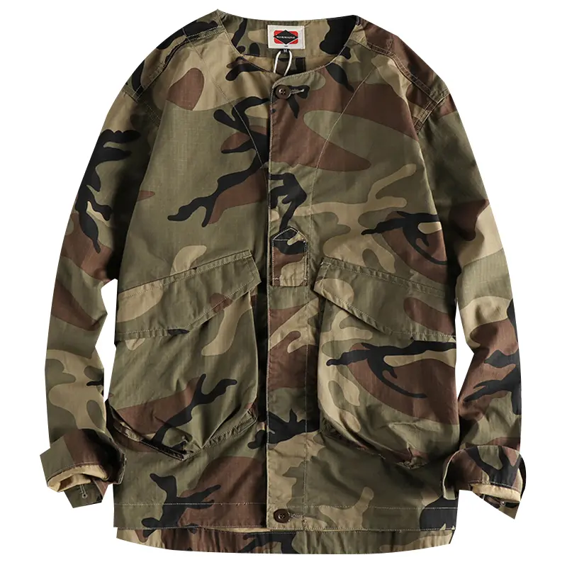 Spring New Japanese Retro Woven Cargo Shirt Men's Fashion Military Style Washed Double Pocket Collarless Thin Youth Jacket