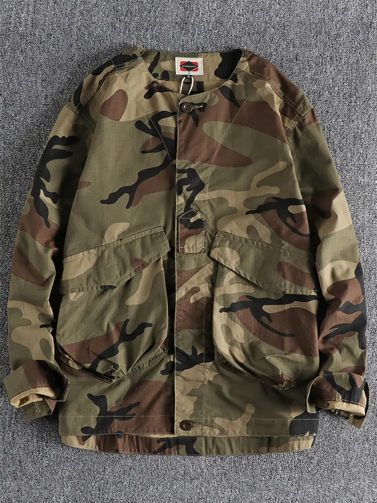 Spring New Japanese Retro Woven Cargo Shirt Men's Fashion Military Style Washed Double Pocket Collarless Thin Youth Jacket