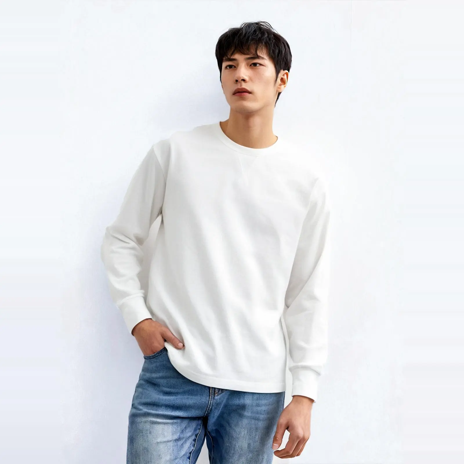 2024 Spring and Autumn American Retro 280g Long Sleeve O-neck Solid Color T-shirt Men's Simple 100% Cotton Washed Casual Tops