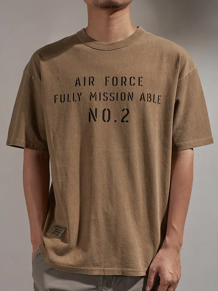 Summer American Retro Military Style Letter Printed T-shirt Men's Fashion 100% Cotton Short Sleeve Washed Old Loose Casual Tops