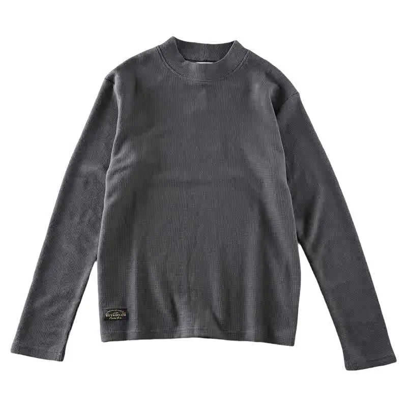 Autumn and Winter New American Retro Long Sleeve O-neck 320g Waffle Knitted T-shirt Men's Simple Washed Casual Bottoming Tops