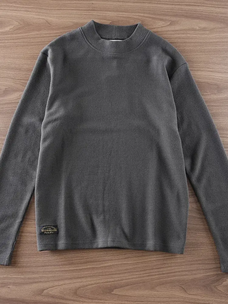 Autumn and Winter New American Retro Long Sleeve O-neck 320g Waffle Knitted T-shirt Men's Simple Washed Casual Bottoming Tops