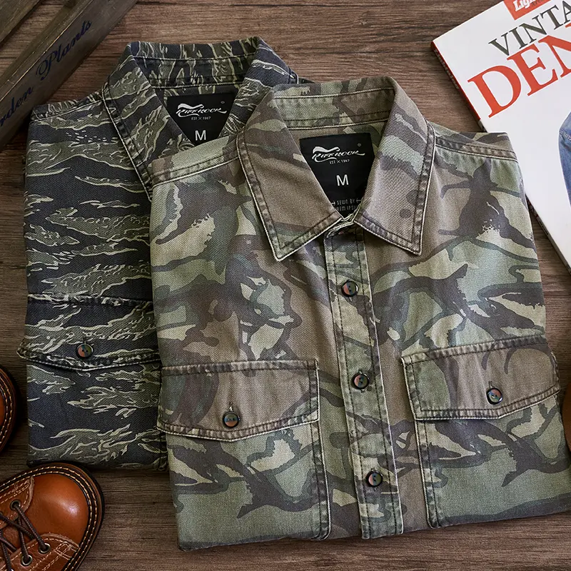 American Retro Military Style Heavyweight Long Sleeved Cargo Camouflage Shirt Men's Pure Cotton Washed Pocket Casual Blouses