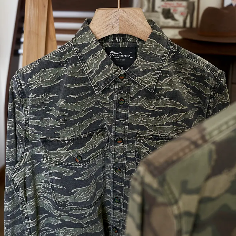 American Retro Military Style Heavyweight Long Sleeved Cargo Camouflage Shirt Men's Pure Cotton Washed Pocket Casual Blouses
