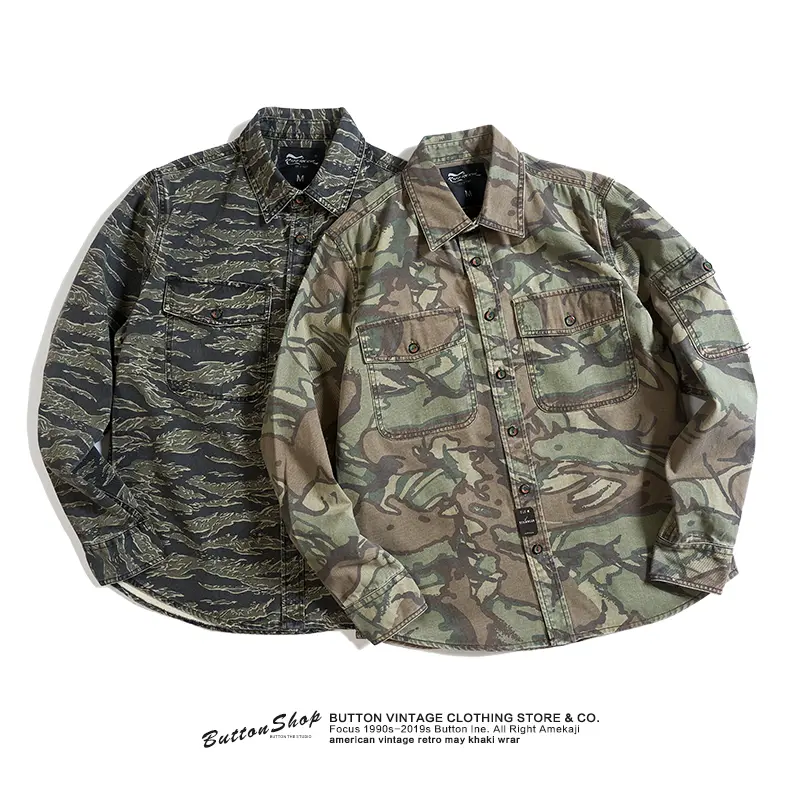 American Retro Military Style Heavyweight Long Sleeved Cargo Camouflage Shirt Men's Pure Cotton Washed Pocket Casual Blouses