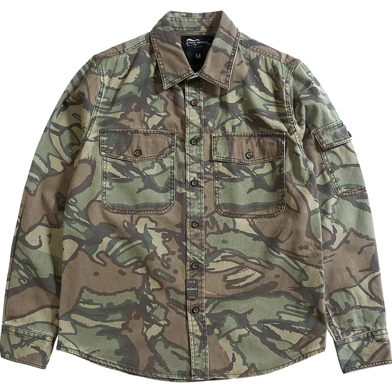 American Retro Military Style Heavyweight Long Sleeved Cargo Camouflage Shirt Men's Pure Cotton Washed Pocket Casual Blouses