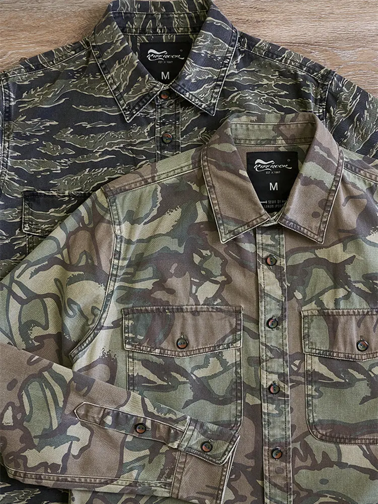 American Retro Military Style Heavyweight Long Sleeved Cargo Camouflage Shirt Men's Pure Cotton Washed Pocket Casual Blouses