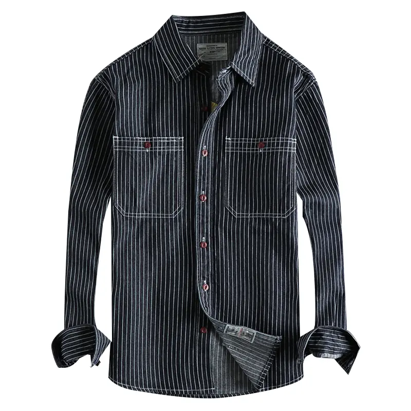 Autumn American Retro Heavyweight Denim Cargo Embroidery Striped Shirt Men's Fashion Pure Cotton Washed Casual Blouses Jacket