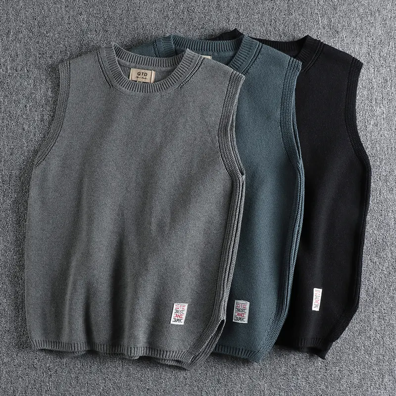Autumn and Winter New American Retro Knitted Sweater Vest Men's Simple Washed Casual Youth Sleeveless O-neck Loose Pullover Tops