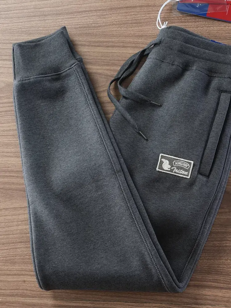 2024 Winter New American Retro Thickened Velvet Letter Printed Sweatpants Men's Simple Drawstring Sports Casual Ankle-tied Pants