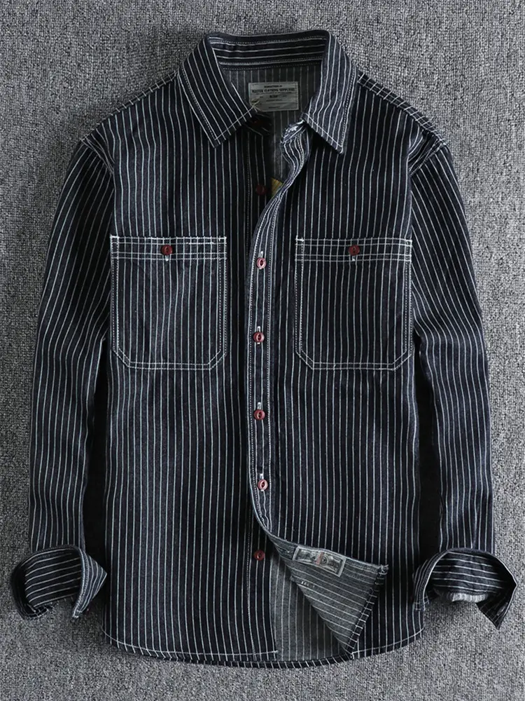 Autumn American Retro Heavyweight Denim Cargo Embroidery Striped Shirt Men's Fashion Pure Cotton Washed Casual Blouses Jacket