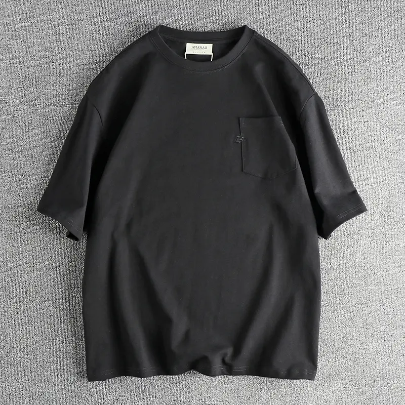 Summer New American Retro Short Sleeve O-neck Heavyweight Solid Color Pocket T-shirt Men's 100% Cotton Washed Casual Loose Tops