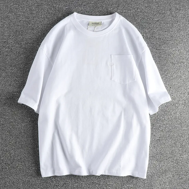 Summer New American Retro Short Sleeve O-neck Heavyweight Solid Color Pocket T-shirt Men's 100% Cotton Washed Casual Loose Tops
