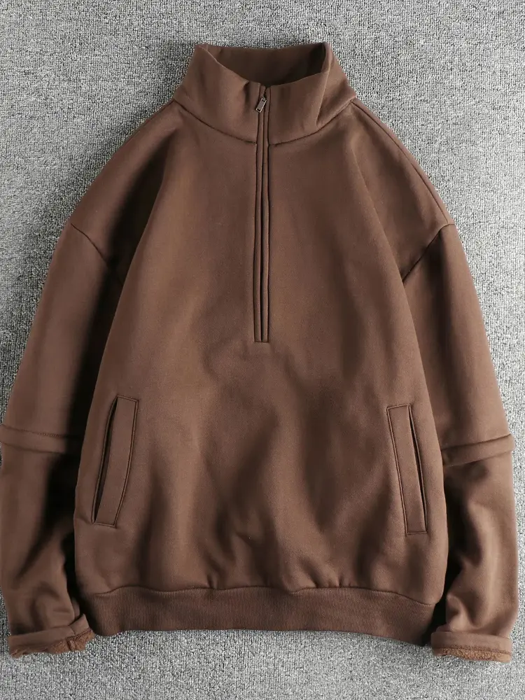 2024 Winter New American Retro Long Sleeve Stand Collar Thick Polar Fleece Sweatshirts Men's Simple Washed Pullover Casual Coat