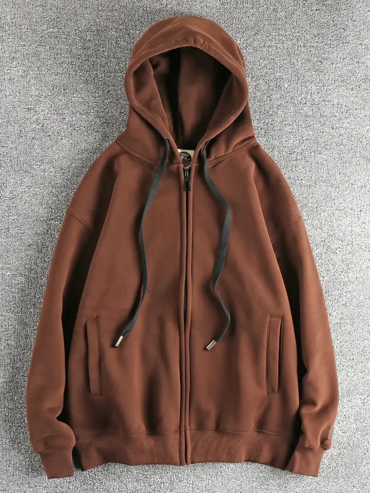 2024 Autumn and Winter New American Retro Thick Velvet Solid Color Hooded Hoodies Men's Fashion Loose Casual Cardigan Sportwear