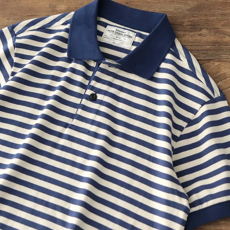 Summer New American Retro Sea-striped POLO Shirt Men's Fashion Short-sleeved Slim T-shirt 100% Cotton Simple Business Lapel Tops