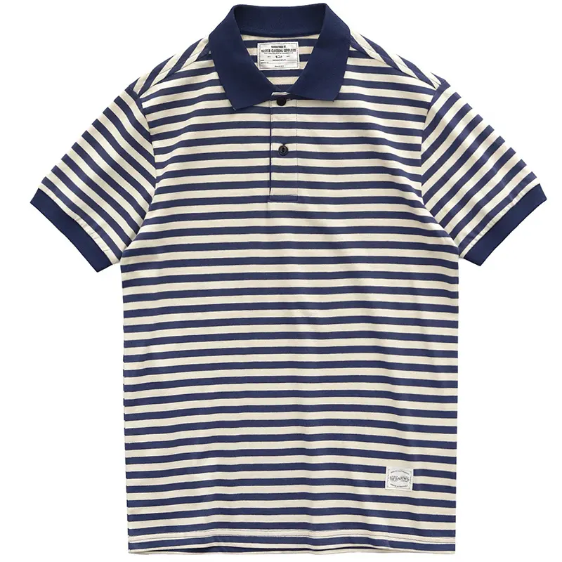 Summer New American Retro Sea-striped POLO Shirt Men's Fashion Short-sleeved Slim T-shirt 100% Cotton Simple Business Lapel Tops