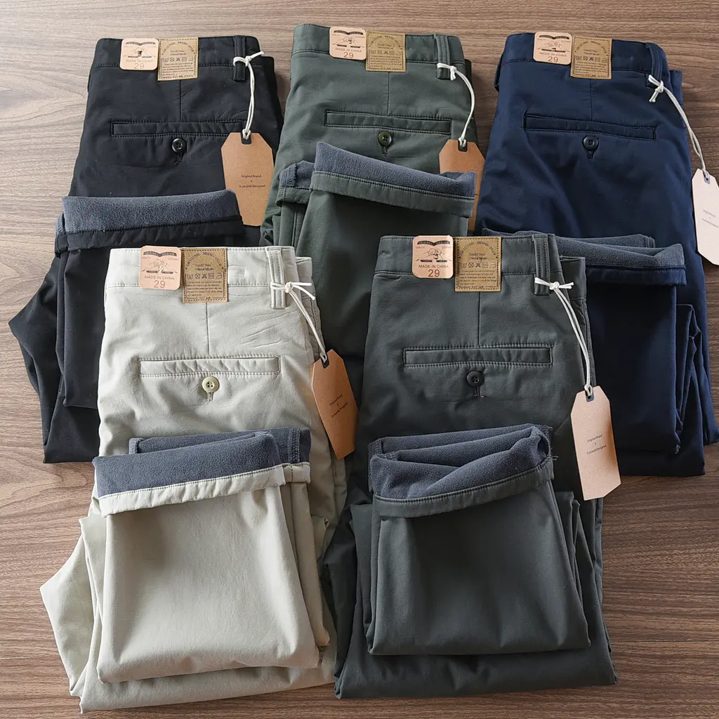 2024 Winter New American Retro Thick Cargo Casual Pants with Velvet Men's Simple 97% Cotton CHINO Business Straight Trousers