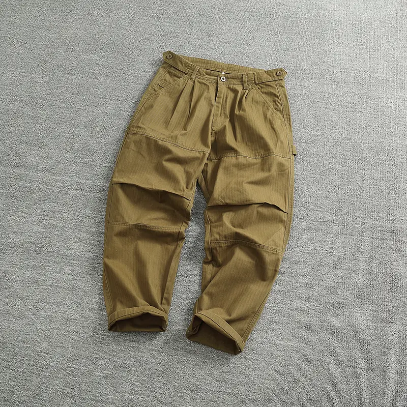 Spring and Autumn New American Retro Fishbone Woven Cargo Pants Men's Simple 100% Cotton Washed Straight Casual Tapered Trousers