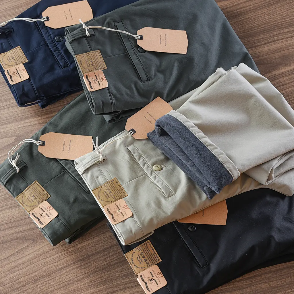 2024 Winter New American Retro Thick Cargo Casual Pants with Velvet Men's Simple 97% Cotton CHINO Business Straight Trousers