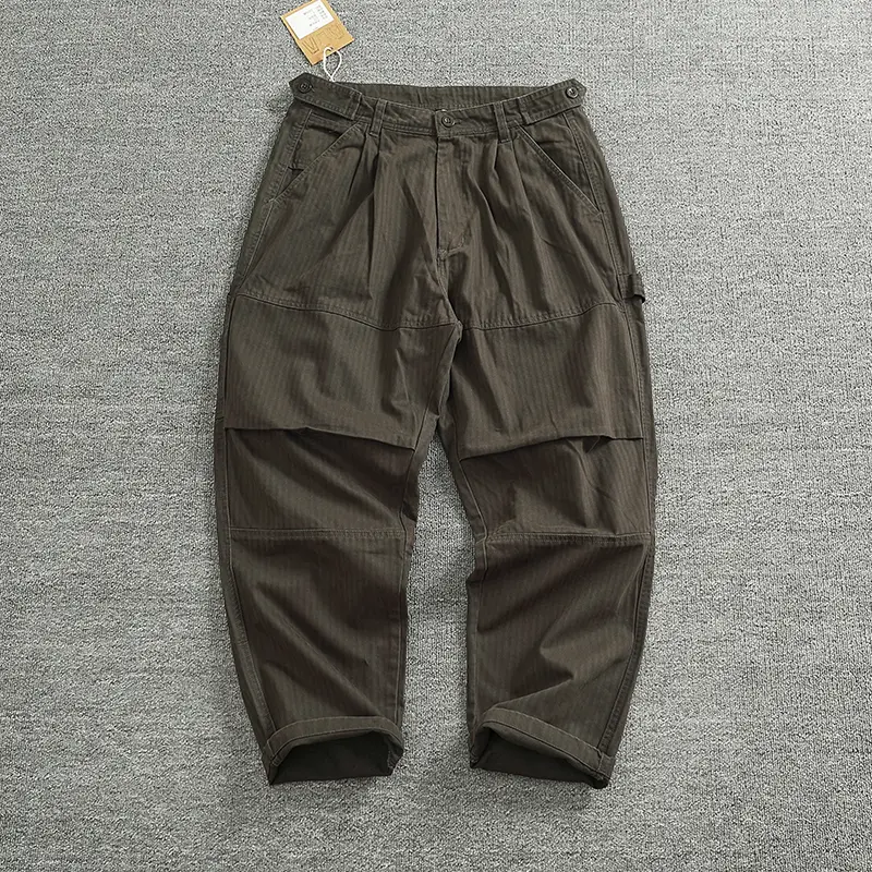 Spring and Autumn New American Retro Fishbone Woven Cargo Pants Men's Simple 100% Cotton Washed Straight Casual Tapered Trousers