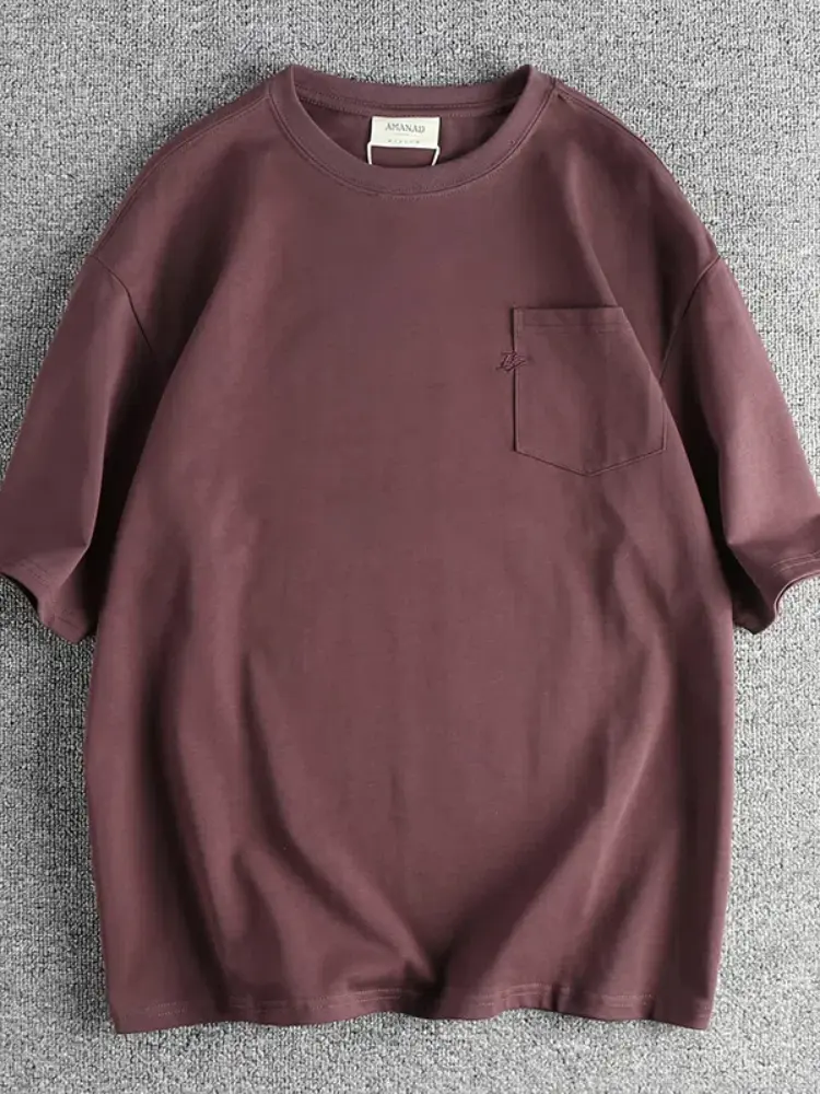 Summer New American Retro Short Sleeve O-neck Heavyweight Solid Color Pocket T-shirt Men's 100% Cotton Washed Casual Loose Tops
