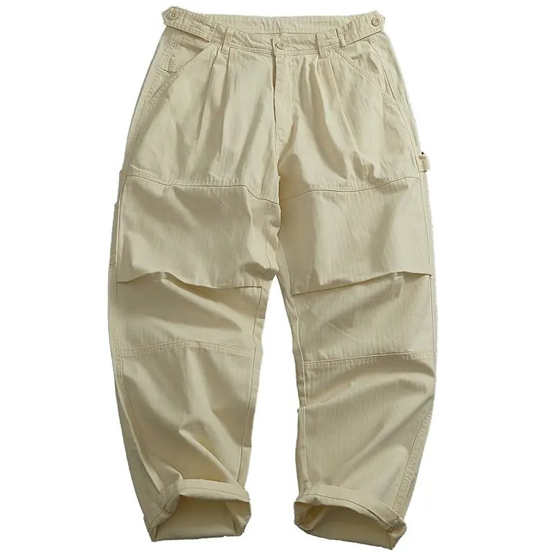 Spring and Autumn New American Retro Fishbone Woven Cargo Pants Men's Simple 100% Cotton Washed Straight Casual Tapered Trousers