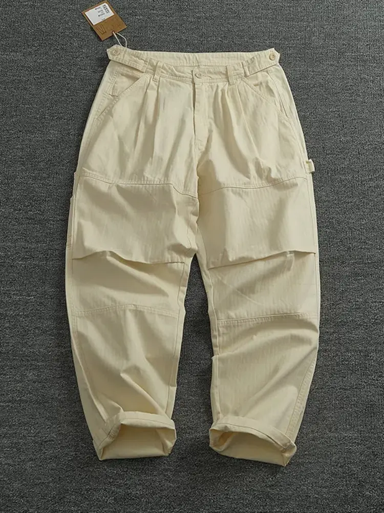 Spring and Autumn New American Retro Fishbone Woven Cargo Pants Men's Simple 100% Cotton Washed Straight Casual Tapered Trousers