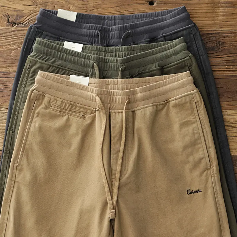 Autumn New American Retro Woven Cargo Pants Men's Simple 100% Cotton Washed Elastic Waist Drawstring Straight Casual Trousers