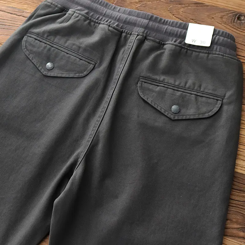 Autumn New American Retro Woven Cargo Pants Men's Simple 100% Cotton Washed Elastic Waist Drawstring Straight Casual Trousers