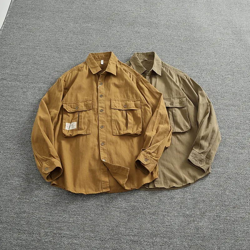 Autumn New American Retro Long-Sleeve Lapel Heavyweight Cargo Shirt Men's Simple 100% Cotton Washed Casual Blouses Thin Coat