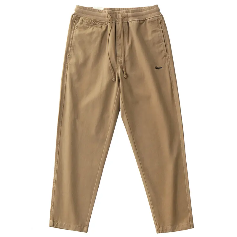 Autumn New American Retro Woven Cargo Pants Men's Simple 100% Cotton Washed Elastic Waist Drawstring Straight Casual Trousers