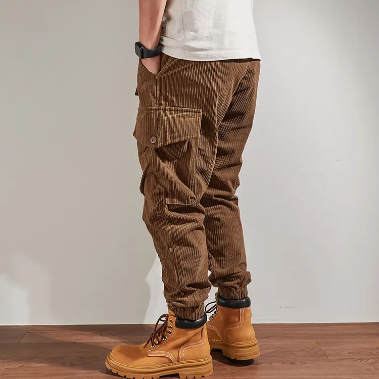 Autumn Winter New American Retro Heavyweight Corduroy Cargo Pants Men's Washed Loose Multi-pockets Drawstring Casual Trousers