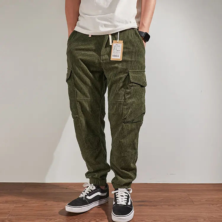 Autumn Winter New American Retro Heavyweight Corduroy Cargo Pants Men's Washed Loose Multi-pockets Drawstring Casual Trousers