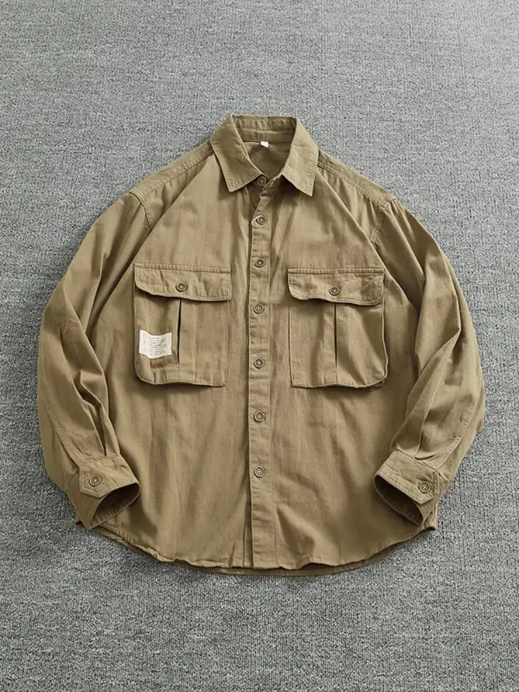 Autumn New American Retro Long-Sleeve Lapel Heavyweight Cargo Shirt Men's Simple 100% Cotton Washed Casual Blouses Thin Coat