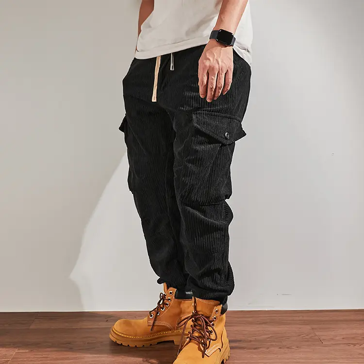 Autumn Winter New American Retro Heavyweight Corduroy Cargo Pants Men's Washed Loose Multi-pockets Drawstring Casual Trousers