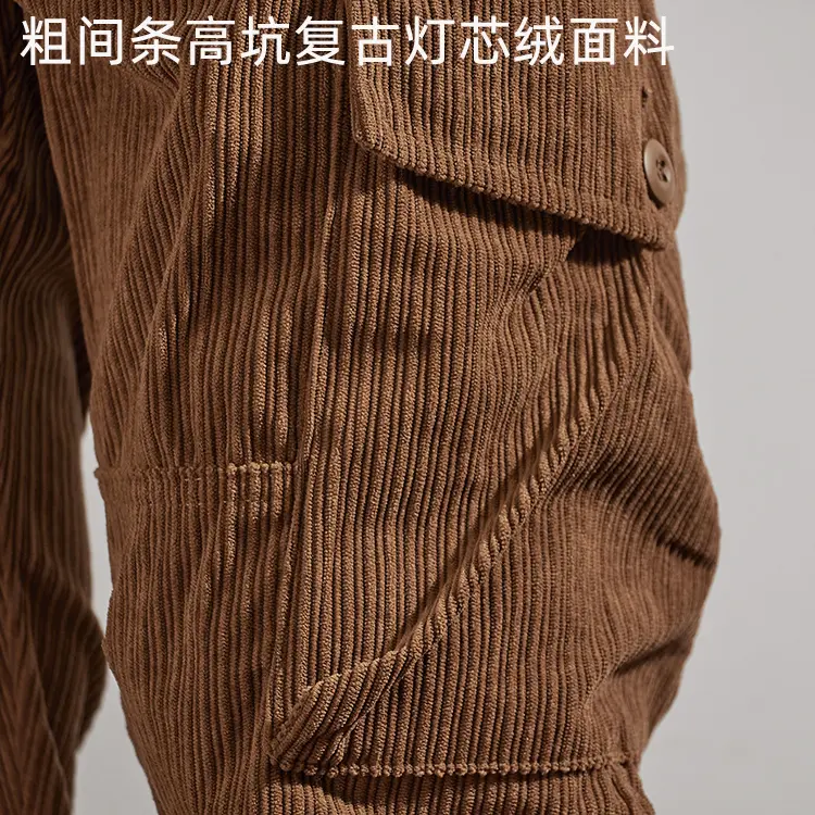 Autumn Winter New American Retro Heavyweight Corduroy Cargo Pants Men's Washed Loose Multi-pockets Drawstring Casual Trousers