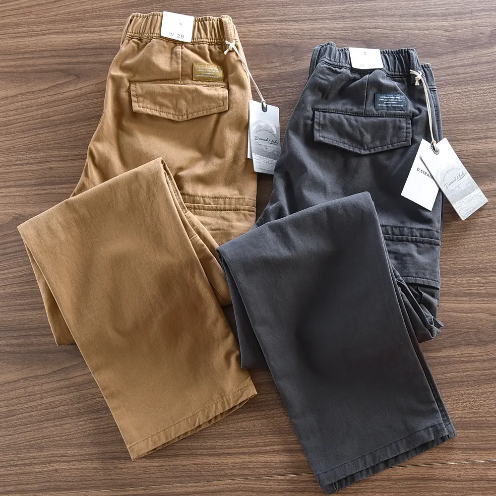 2024 Autumn Winter New American Retro Woven Cargo Pants Men's Simple 100% Cotton Washed Elastic Waist Straight Casual Trousers
