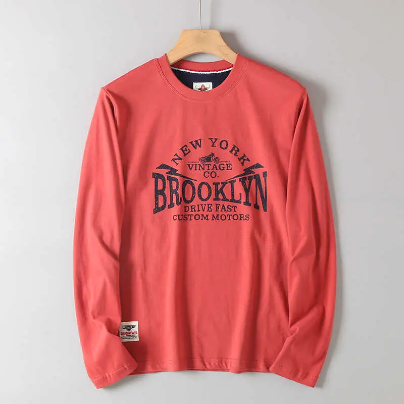 Autumn New American Retro Long Sleeve O-neck Letter Printed T-shirt Men's Fashion 100% Cotton Washed Loose Casual Youth Tops