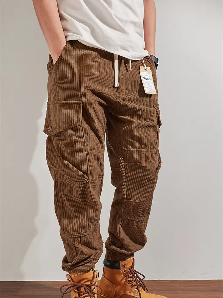 Autumn Winter New American Retro Heavyweight Corduroy Cargo Pants Men's Washed Loose Multi-pockets Drawstring Casual Trousers