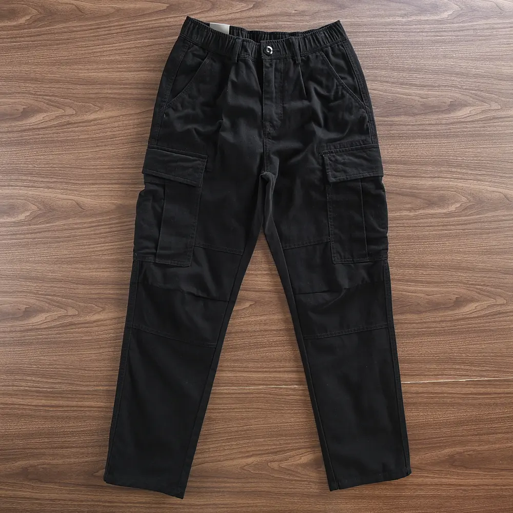 2024 Autumn Winter New American Retro Woven Cargo Pants Men's Simple 100% Cotton Washed Elastic Waist Straight Casual Trousers