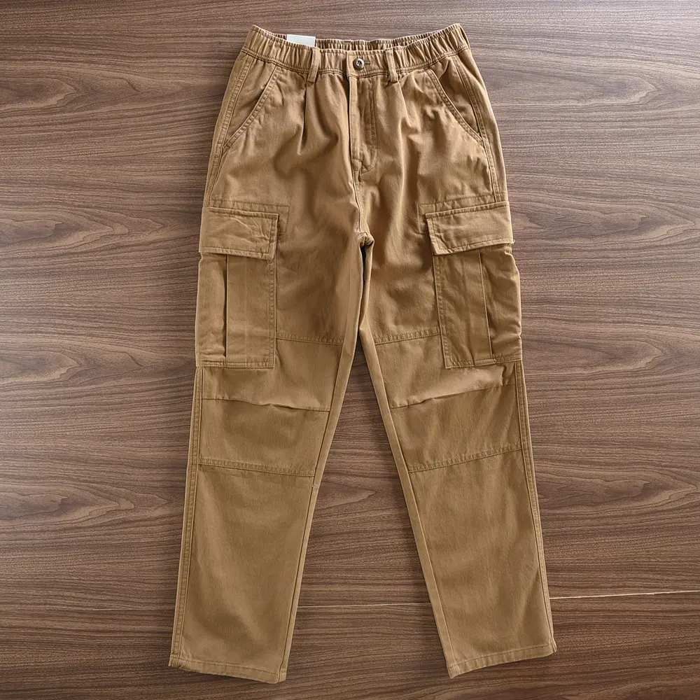 2024 Autumn Winter New American Retro Woven Cargo Pants Men's Simple 100% Cotton Washed Elastic Waist Straight Casual Trousers