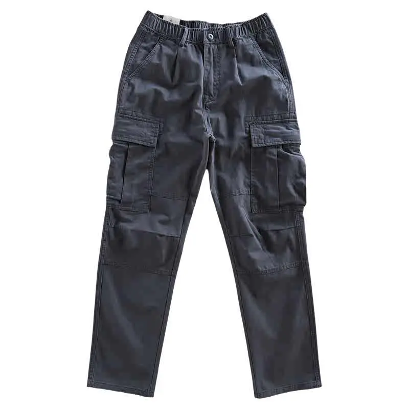 2024 Autumn Winter New American Retro Woven Cargo Pants Men's Simple 100% Cotton Washed Elastic Waist Straight Casual Trousers
