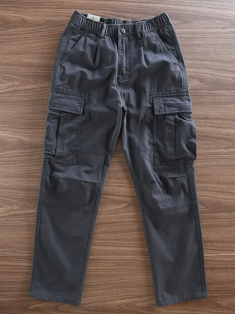 2024 Autumn Winter New American Retro Woven Cargo Pants Men's Simple 100% Cotton Washed Elastic Waist Straight Casual Trousers