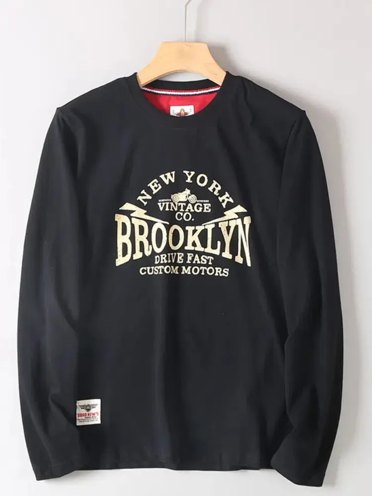 Autumn New American Retro Long Sleeve O-neck Letter Printed T-shirt Men's Fashion 100% Cotton Washed Loose Casual Youth Tops