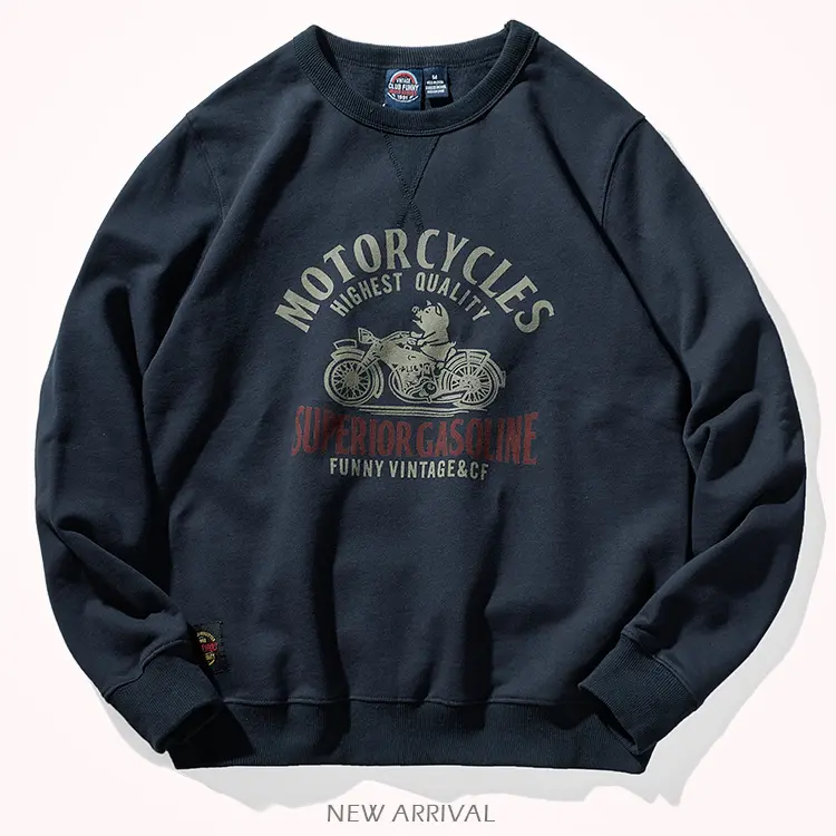Autumn New American Retro 420g Locomotive Pig Printed Sweatshirt with Velvet Men's Fashion Pure Cotton Loose Pullover Sportwear