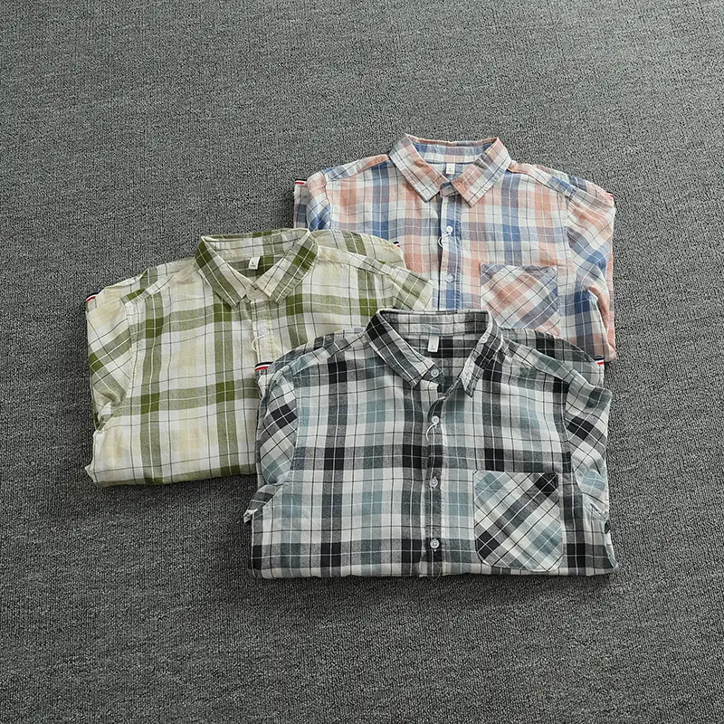 Spring Autumn New Japanese Retro Long-Sleeve Lapel Plaid Shirt Men's Simple 50% Cotton Washed Single Pocket Casual Youth Blouses